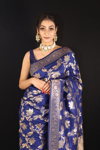 Navy blue Jangla pattern Semi Silk saree