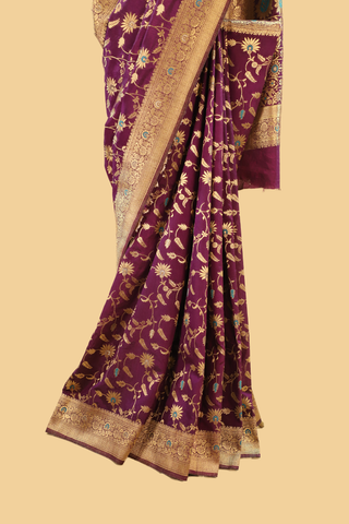 Purple Semi Banarasi Soft Silk Saree With Golden Border