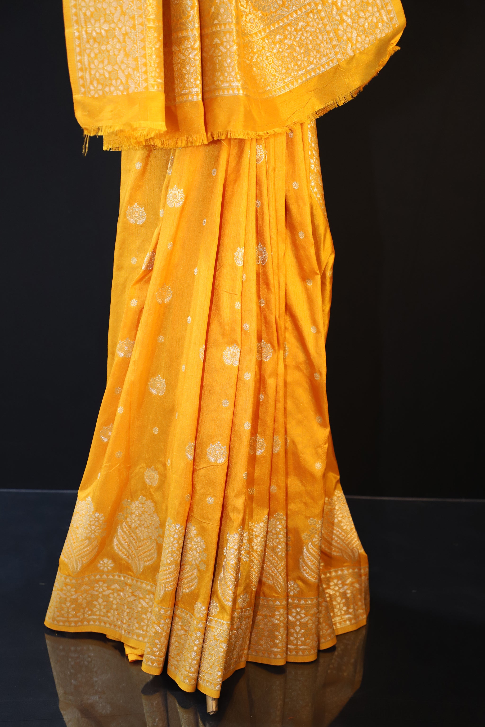 Yellow Semi Banarasi Soft Silk Saree