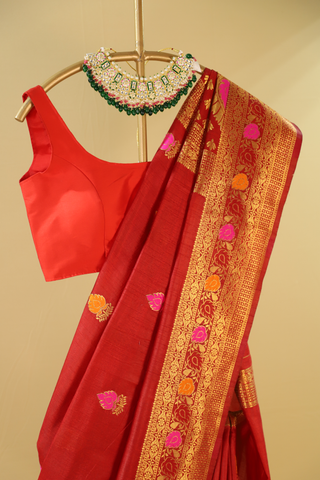 Red Semi Banarasi Soft Silk Saree