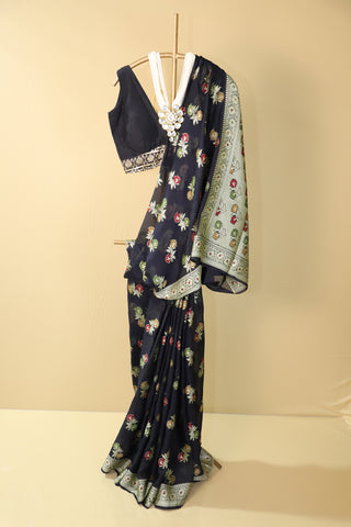 Pure Khaddi Georgette black colour  handloom Saree with  meenakari  woven booty all over