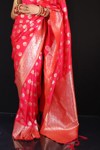 Magenta Semi silk Pink saree with golden booti