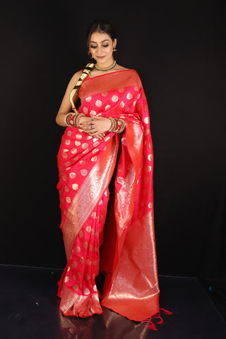 Magenta Semi silk Pink saree with golden booti