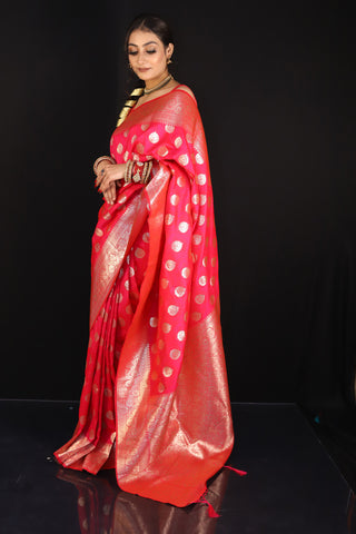 Magenta Semi silk Pink saree with golden booti